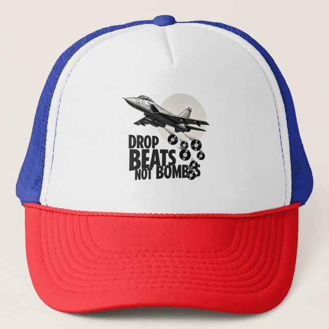 Drop Beats Not Bombs Fighter Jet Vinyl Trucker Hat (Front)