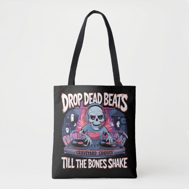 Drop Dead Beats – Funny Skeleton DJ Music Design Tote Bag (Front)