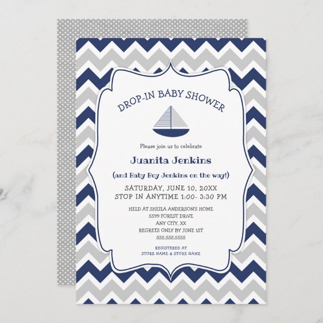 Drop in sailboat boy baby shower invitation (Front/Back)