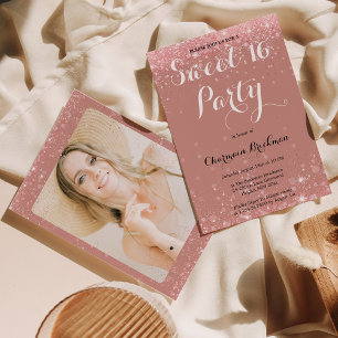Dropping Rose Gold Glitter Sweet 16 Birthday Photo Invitation