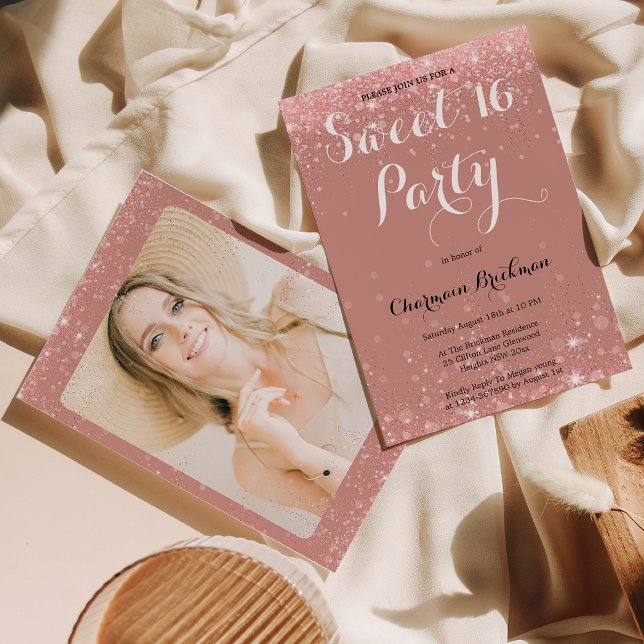 Dropping Rose Gold Glitter Sweet 16 Birthday Photo Invitation (Creator Uploaded)