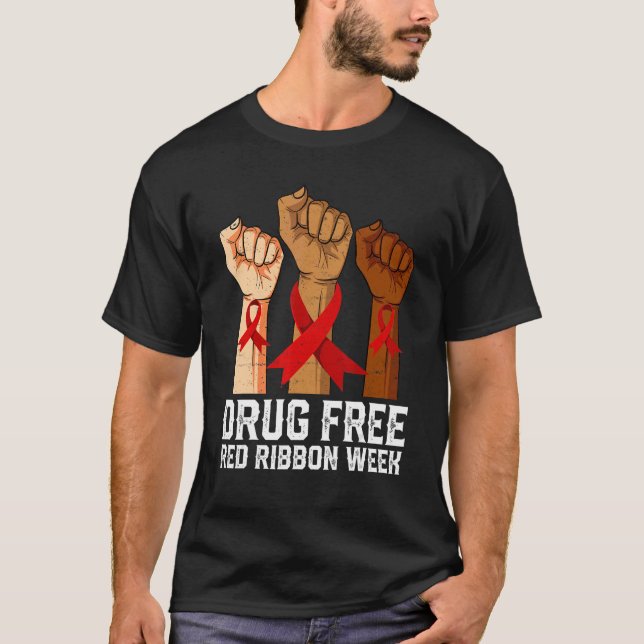 Drug Free Red Ribbon Week Awareness Hand We Wear R T-Shirt (Front)