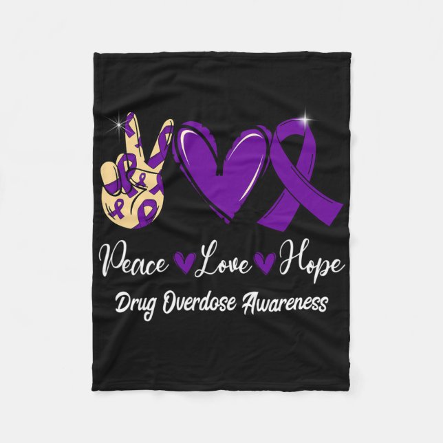 Drug Overdose Awareness Peace Love Hope Purple Rib Fleece Blanket (Front)