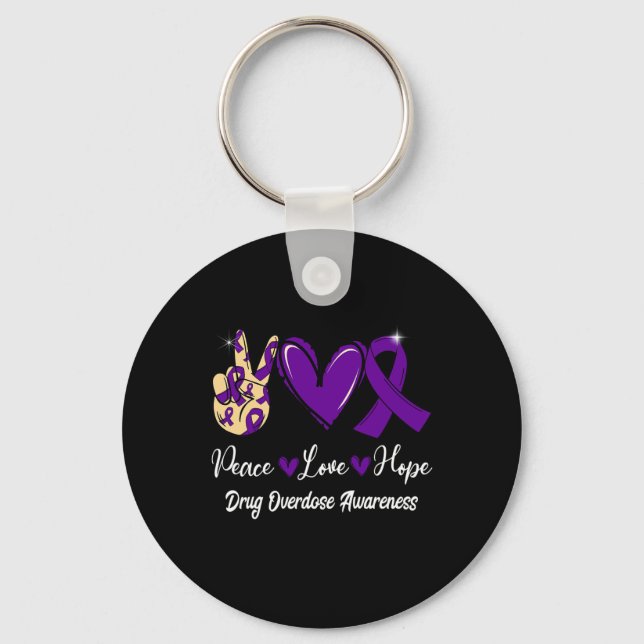 Drug Overdose Awareness Peace Love Hope Purple Rib Key Ring (Front)