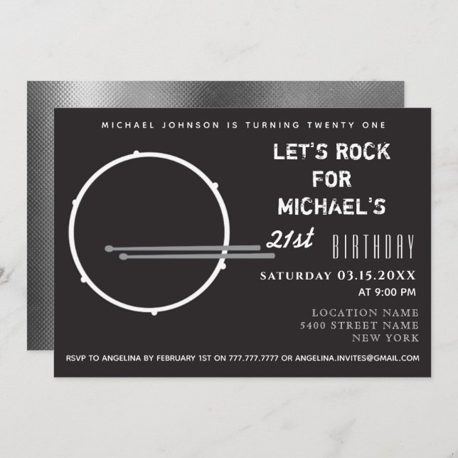 Drum Black and White 21st Birthday Invitation (Front/Back)