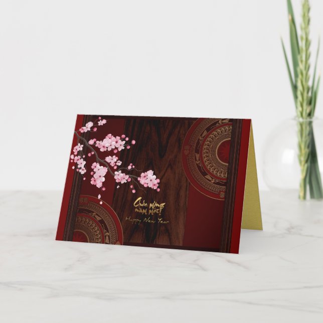 Drum Blossom Tet Hoa Anh Dao Vietnamese New Year C Holiday Card (Front)