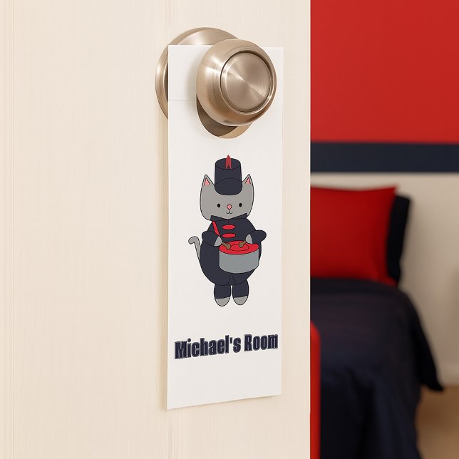 Drum Cat Marching Band Navy Blue Red Personalize Door Hanger (A door hanger featuring a cat playing the drums in a navy blue & red marching band uniform.)