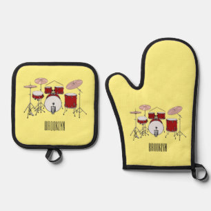 Drum kit cartoon illustration oven mitt & pot holder set