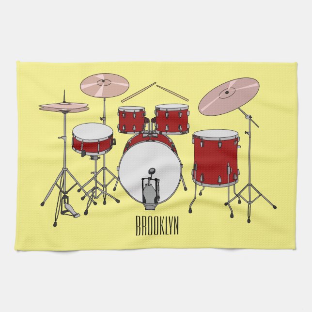 Drum kit cartoon illustration  tea towel (Horizontal)