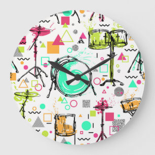 Drum Kit: Watercolor Memphis Retro. Large Clock