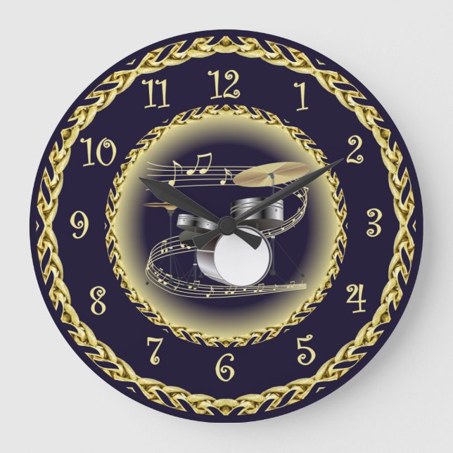 Drum Set 01 ~ Musical Scroll ~ Gold/Navy Blue ~  Large Clock (Front)