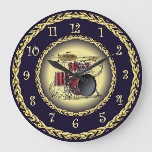 Drum Set 02 ~ Musical Scroll ~ Gold/Navy Blue  ~ Large Clock