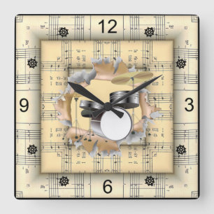 Drum Set ~ Breaking Through Strange Sheet Music ~ Square Wall Clock
