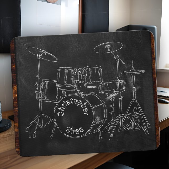 Drum Set Chalk Sketch Art On Black Add Any Name Mouse Pad (Custom chalk drum set mouse pad with name, cool gift for drummers, home studios, or music lovers!)