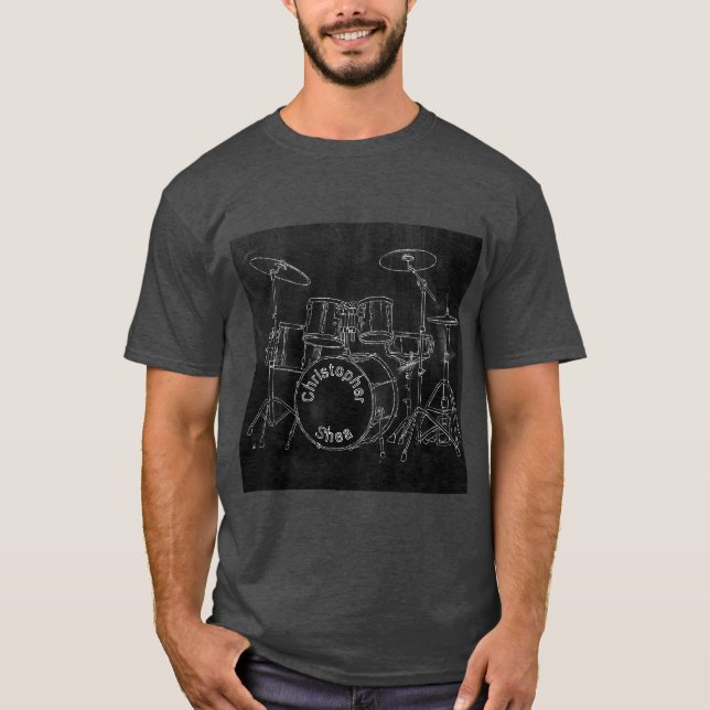 Drum Set Chalkboard Sketch Band or Drummer's Name T-Shirt (Front)