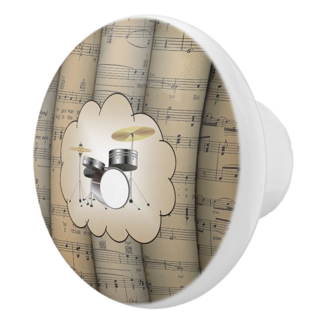 Drum Set ~ Cloud ~ Rolled Sheet Music Background ~ Ceramic Knob (Right)