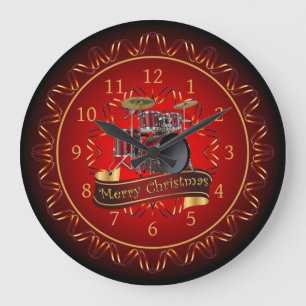 Drum Set, Merry Christmas, Maroon & Black ~   Large Clock