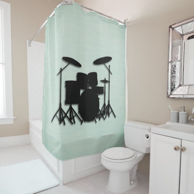 Drum Set Music Design Green Shower Curtain (In Situ)