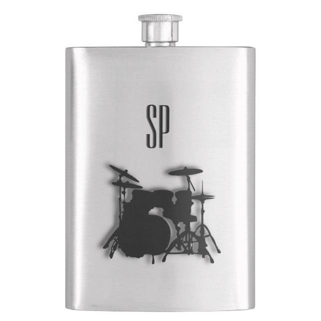 Drum Set Music Design Monogram Hip Flask (Front)