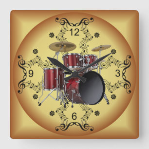Drum Set ~ Musical Scroll ~ Golden Background ~ Square Wall Clock