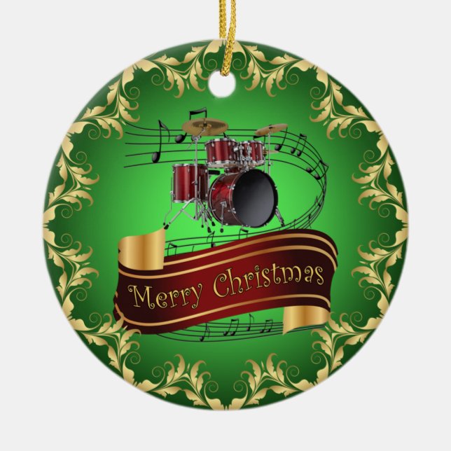 Drum Set ~ Musical Scroll ~ Merry Christmas ~ * ~  Ceramic Ornament (Front)