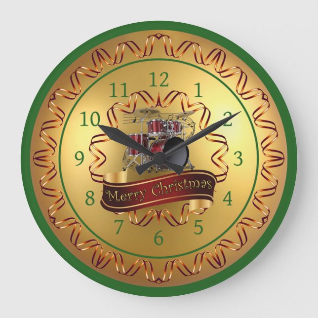 Drum Set ~ Musical Scroll ~ “Merry Christmas”  Large Clock (Front)