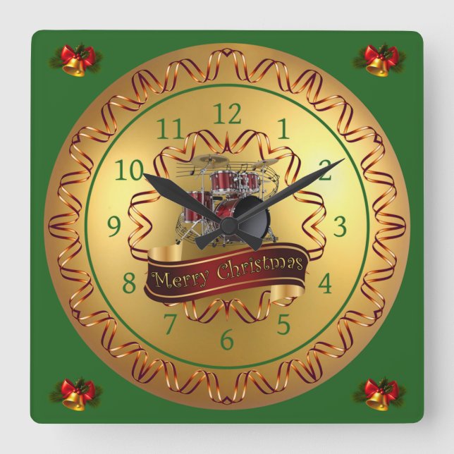 Drum Set ~ Musical Scroll ~ “Merry Christmas” Square Wall Clock (Front)