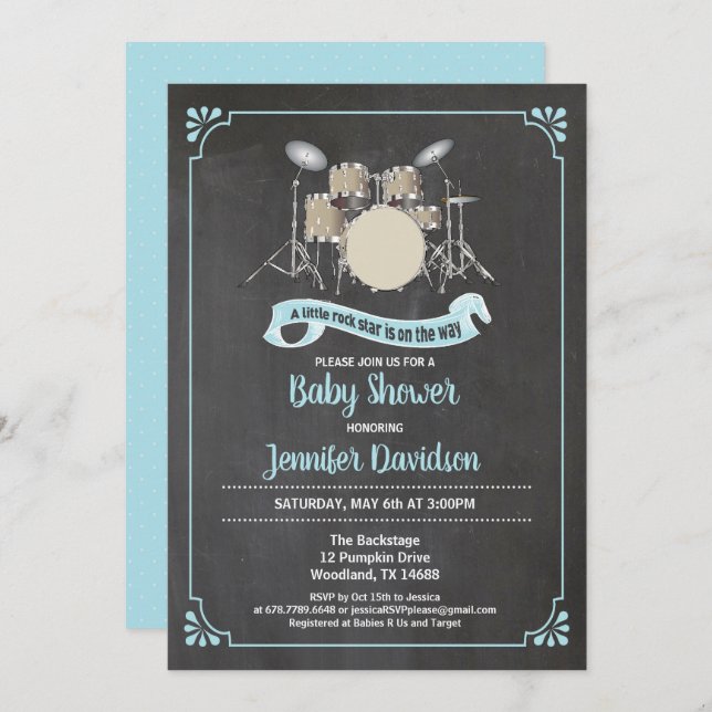 Drum set rockster baby shower invitation (Front/Back)