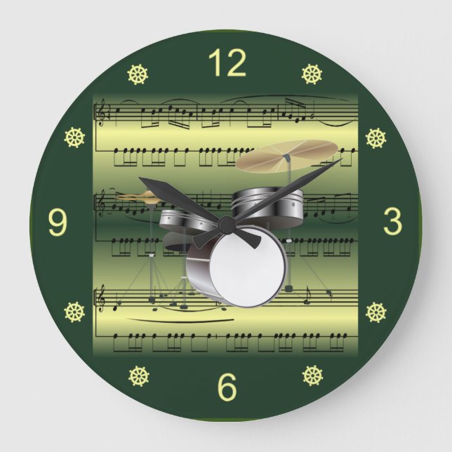 Drum Set~Rolled Sheet Music~Gold/Green Background  Large Clock (Front)