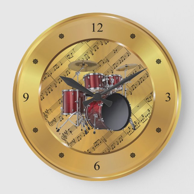 Drum Set ~ Sheet Music ~ Gold Background ~ Unique Large Clock (Front)