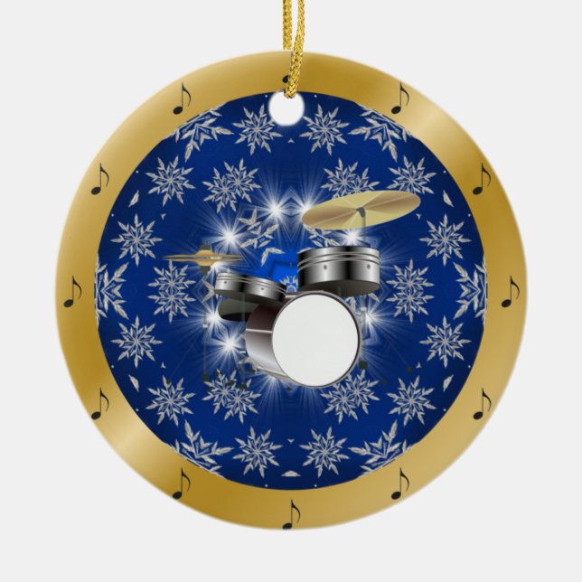 Drum Set ~ Silver ~ Blue ~ Gold ~ Christmas ~ Ceramic Ornament (Front)