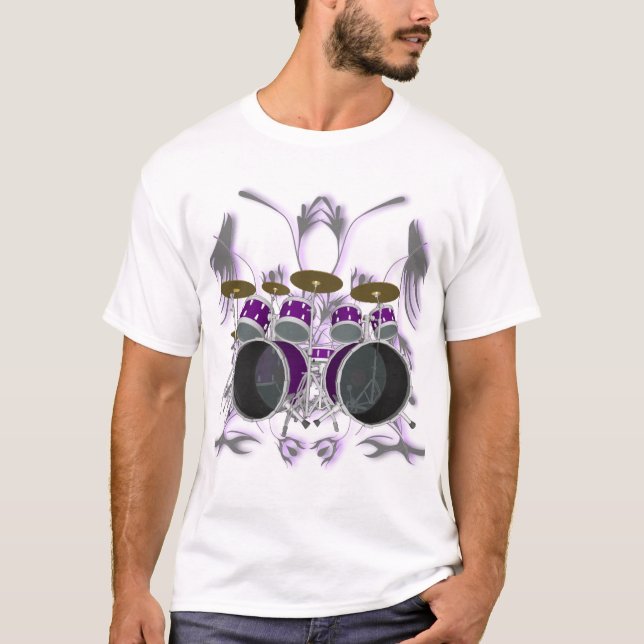 Drum Set & Tribal Artwork (purple) - White T-Shirt (Front)
