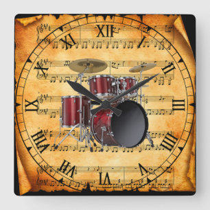 Drum Set ~ Vintage Sheet Music Background ~ Unique Square Wall Clock