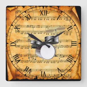 Drum Set ~ Vintage Sheet Music Background ~ Unique Square Wall Clock
