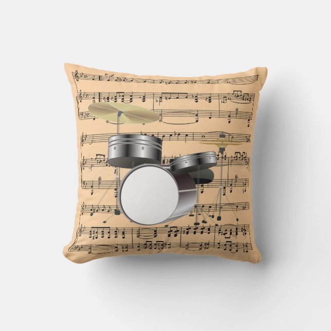 Drum Set w/Sheet Music Background ~ Musical Instru Cushion (Front)