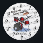 Drum -  What Feelings Sound Like Round Wall Clock<br><div class="desc">This beautiful Round Wall Clock, “Music is what feelings sound like” design, features a Drum collage with a background of sheet music. It may be customised where indicated, in the ‘customise’ section of this listing. If you do not wish to add a name and/or message, just delete the “Your Text...</div>