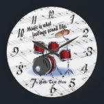 Drum -  What Feelings Sound Like Round Wall Clock<br><div class="desc">This beautiful Round Wall Clock, “Music is what feelings sound like” design, features a Drum collage with a background of sheet music. It may be customised where indicated, in the ‘customise’ section of this listing. If you do not wish to add a name and/or message, just delete the “Your Text...</div>