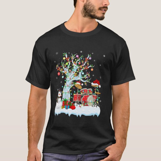 Drum Xmas Element Tree Lighting Drum Christmas Lon T-Shirt (Front)