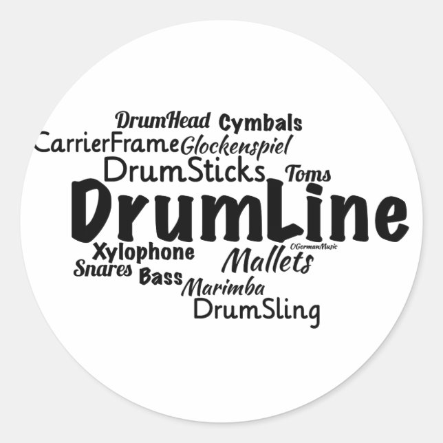 Drumline Word Cloud Black Text Classic Round Sticker (Front)