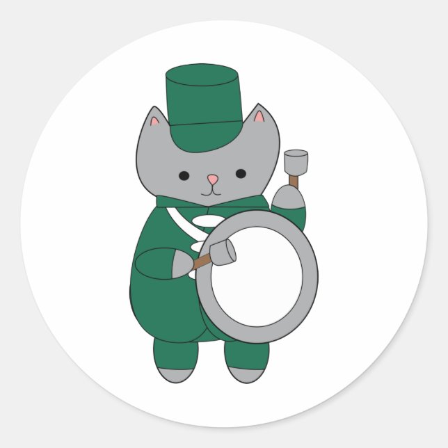 Drummer Bass Marching Band Cat Green White Classic Round Sticker (Front)