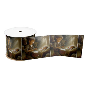 Drummer Boy With Baby Jesus In a Manger Satin Ribbon