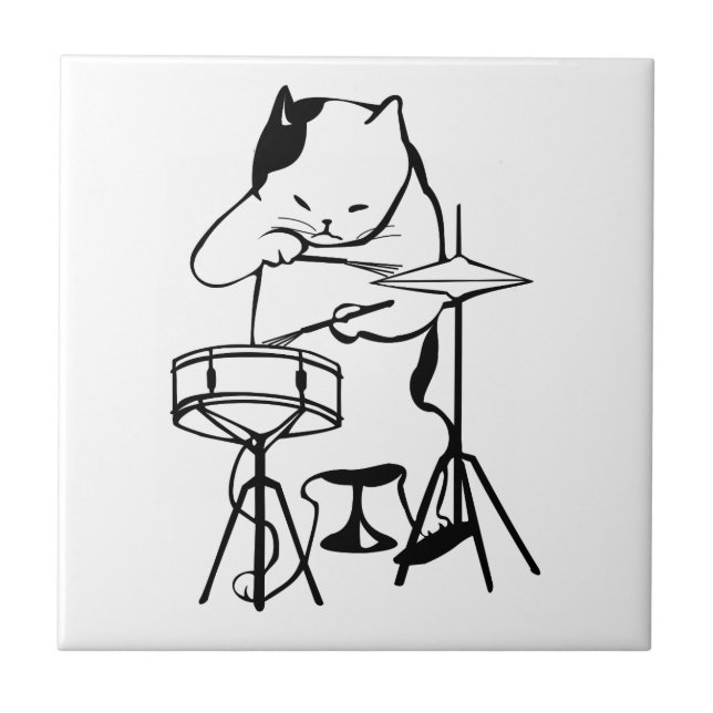 Drummer Cat Drums Musician Rock Jazz Funny Cute Ceramic Tile (Front)