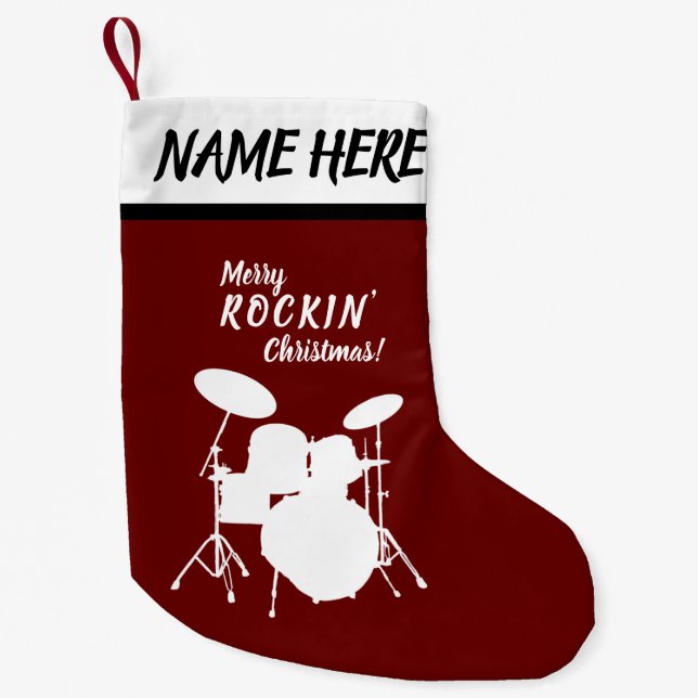 Drummer Christmas Custom Name Drum Kit Drumming Small Christmas Stocking (Front)