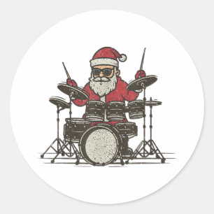 Drummer Christmas Funny Vintage Santa Playing Drum Classic Round Sticker