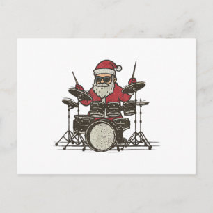 Drummer Christmas Funny Vintage Santa Playing Drum Holiday Postcard