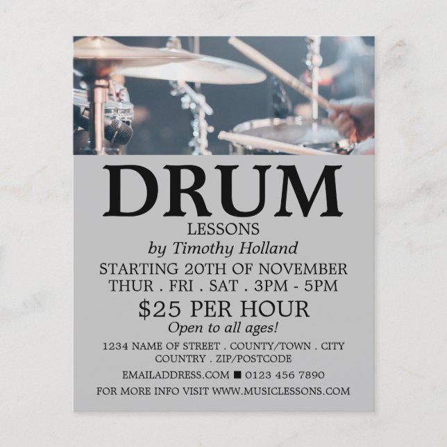 Drummer, Drum Lessons Advertising Flyer (Front)