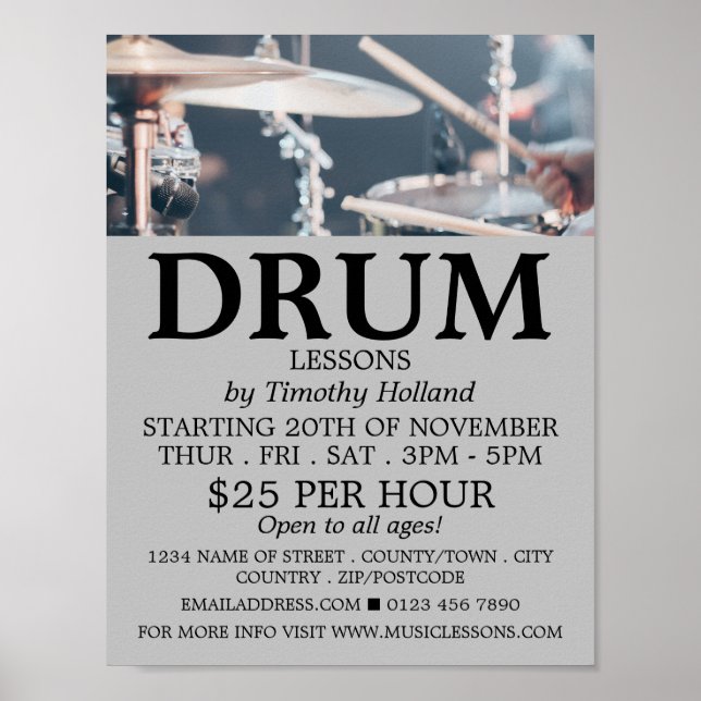 Drummer, Drum Lessons Advertising Poster (Front)