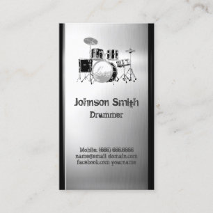 Drummer Drum Set - Brushed Stainless Steel Metal Business Card