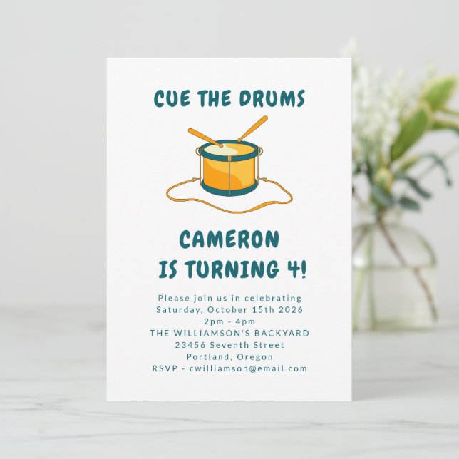Drummer Drums Music Blue 4th Birthday Party Invitation (Standing Front)