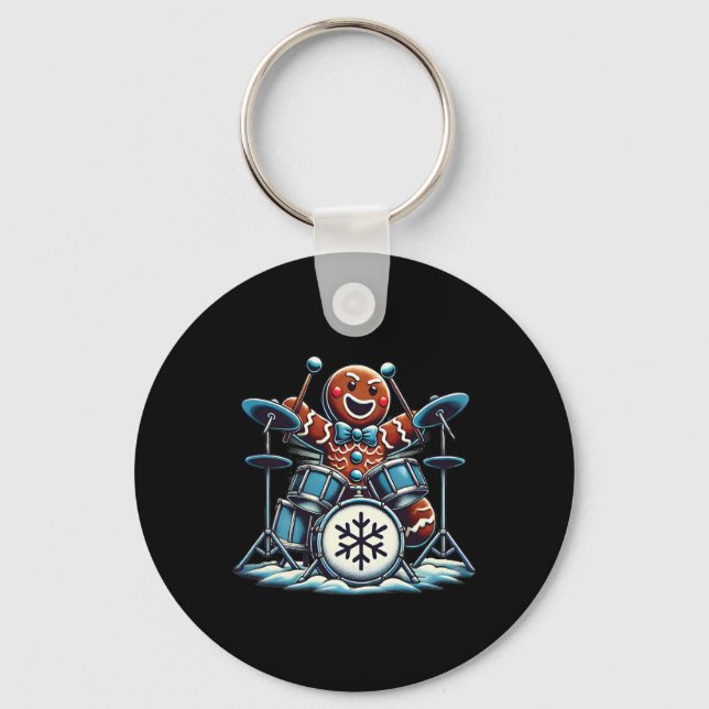 Drummer Gingerbread Playing Drums Funny Christmas  Key Ring (Front)